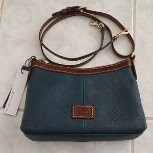 Dooney & Bourke Teal Pebbled Leather Crossbody with Brown Trim